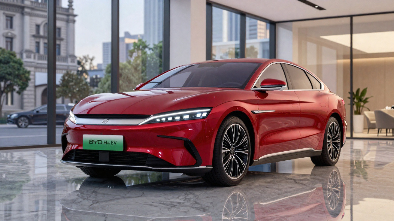 Voiture électrique rouge BYD Ha EV exposée dans un showroom moderne avec sol en marbre et grandes fenêtres.