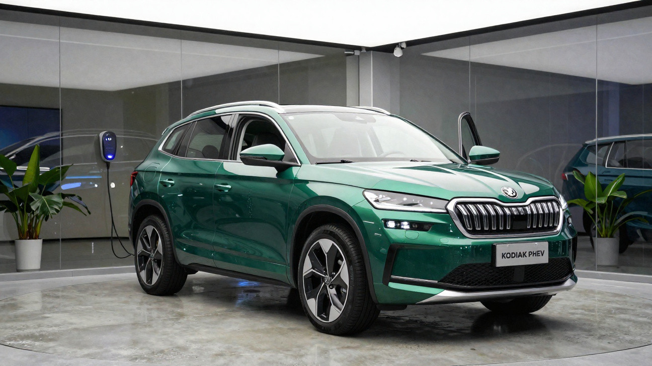 SUV Skoda Kodiak PHEV vert en charge dans un espace moderne et épuré avec murs en miroir et plantes vertes.