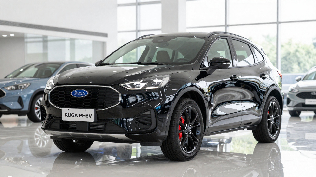 Véhicule SUV hybride Ford Kuga PHEV noir exposé dans un showroom lumineux avec plusieurs voitures en arrière-plan.