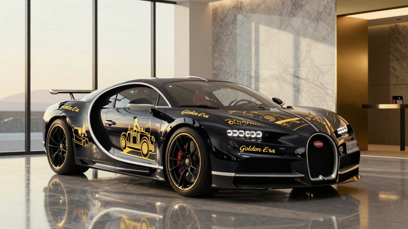 Voiture de sport Bugatti noire avec décorations dorées exposée dans un intérieur moderne lumineux.