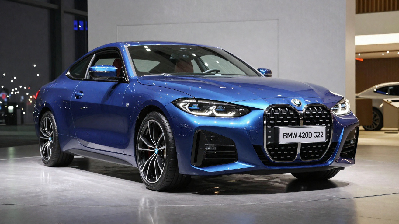 Voiture sportive bleue BMW 420D G22 exposée en intérieur avec éclairage et reflets brillants.