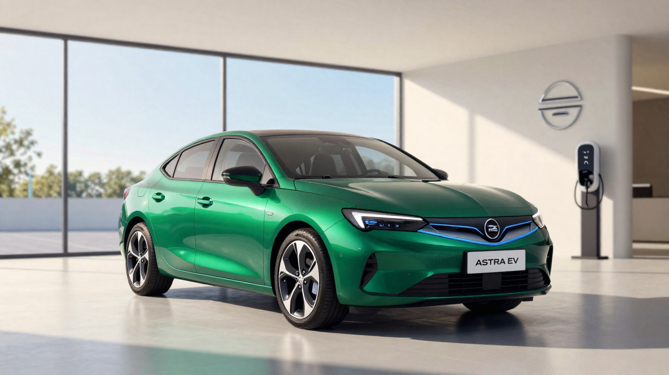 Voiture électrique compacte verte Opel Astra EV stationnée dans un showroom moderne lumineux.