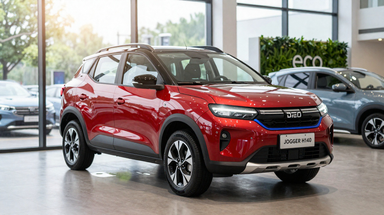 SUV rouge Dacia Jogger H140 exposé dans un showroom moderne avec voitures en arrière-plan.