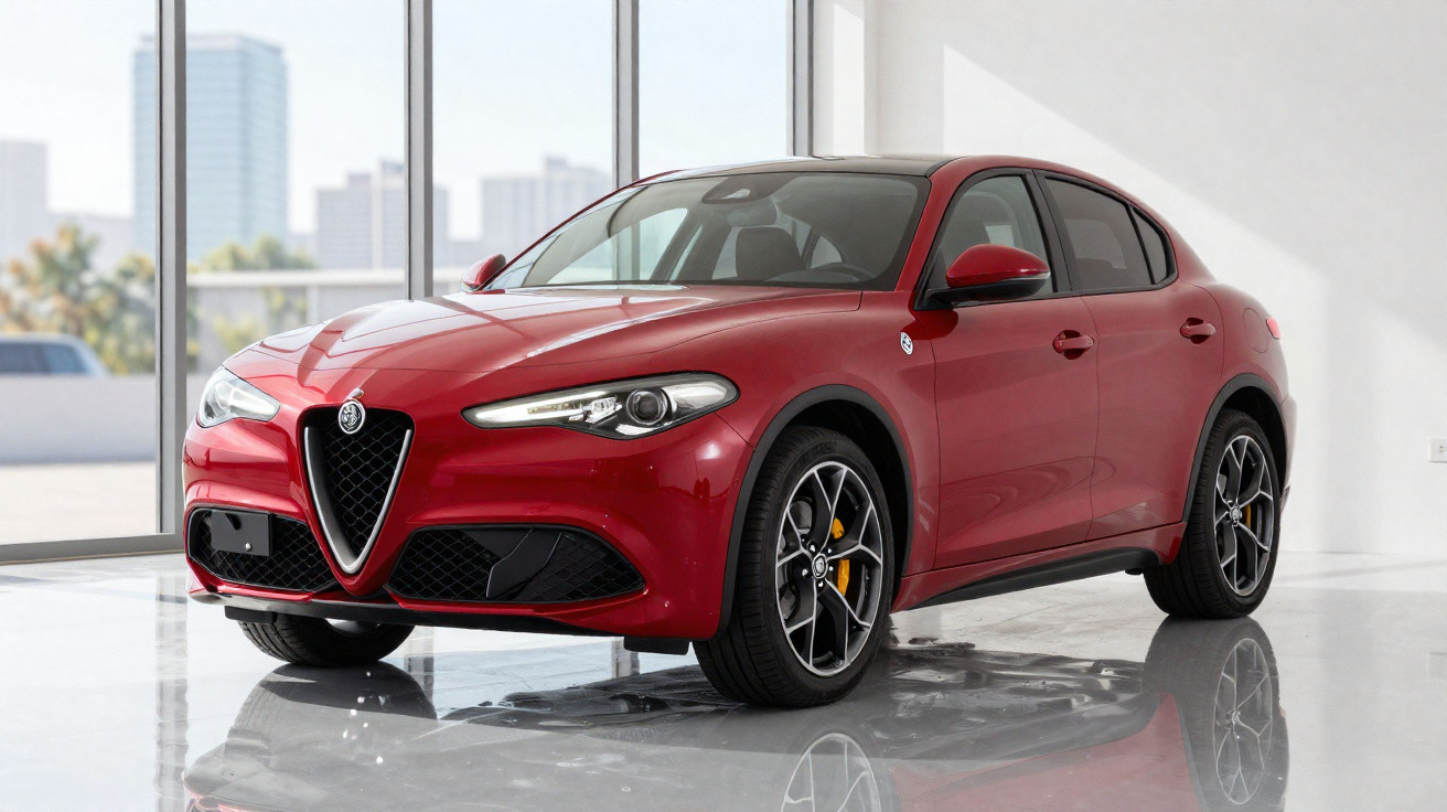 Voiture sportive rouge Alfa Romeo Stelvio garée dans un showroom lumineux avec grandes fenêtres.