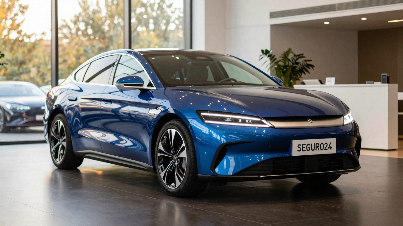 Voiture électrique sportive bleue brillante garée à l'intérieur d'un showroom moderne avec lumière naturelle.