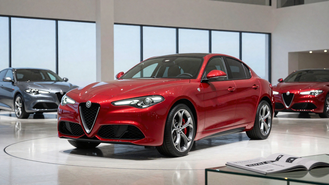 Voiture rouge Alfa Romeo Giulia exposée en showroom moderne avec deux autres voitures en arrière-plan.