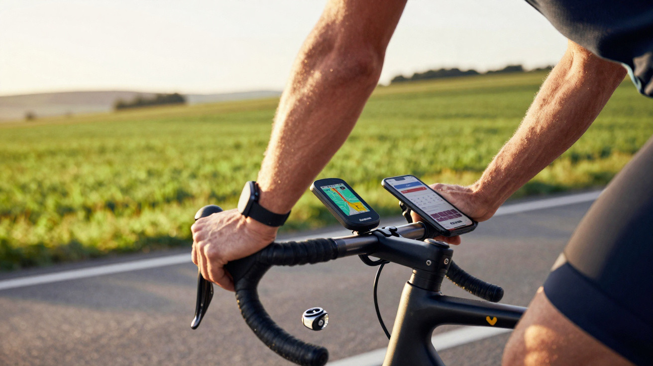 Cycliste consultant son GPS et smartphone fixé sur le guidon d'un vélo sur une route de campagne.