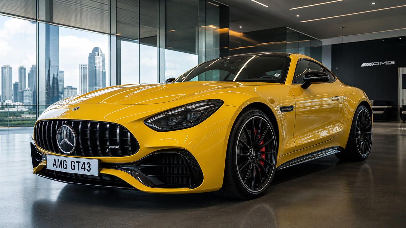 Voiture sportive Mercedes AMG GT43 jaune exposée dans un showroom moderne avec vue sur la ville.