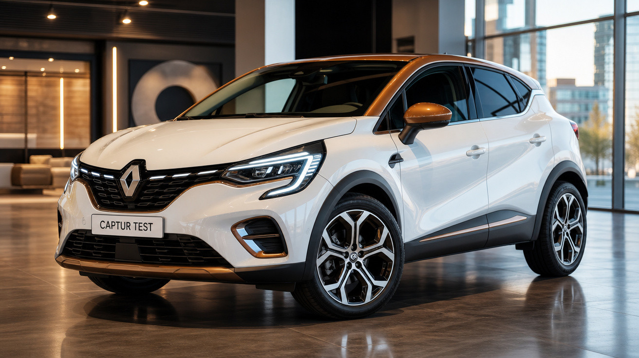 Renault Captur blanche et orange stationnée dans un showroom moderne aux grandes baies vitrées.