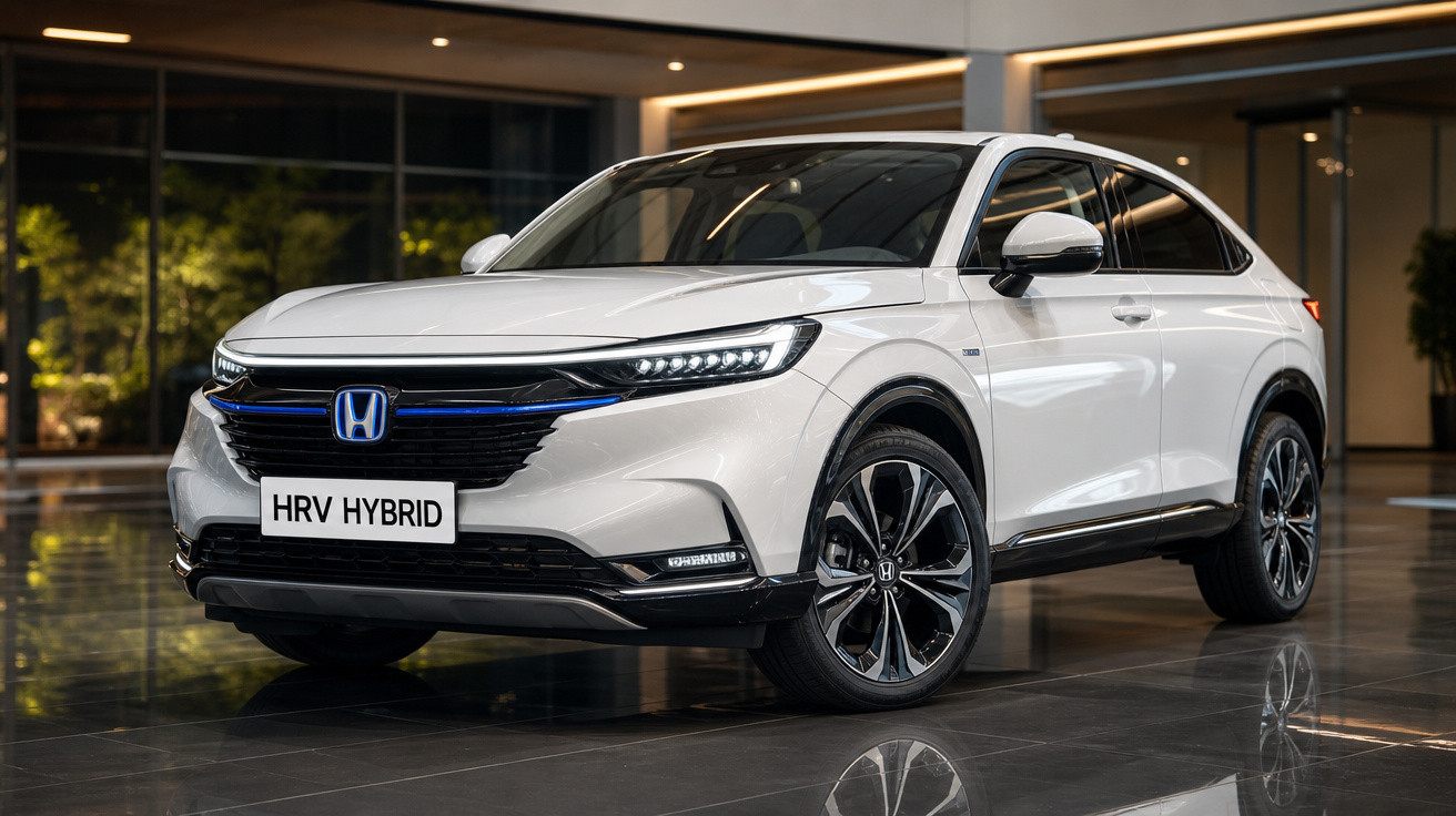 Voiture blanche Honda HR-V Hybrid garée dans un showroom avec sol en carrelage brillant.