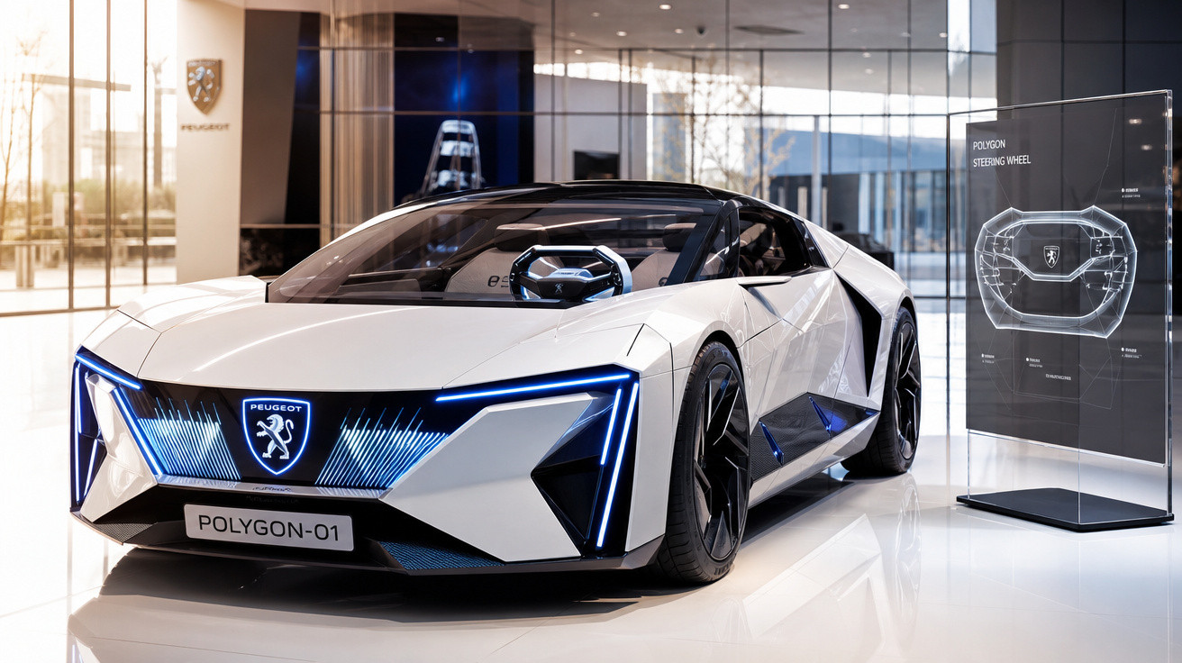 Voiture électrique concept Peugeot Polygon-01 blanche futuriste exposée dans un showroom moderne.