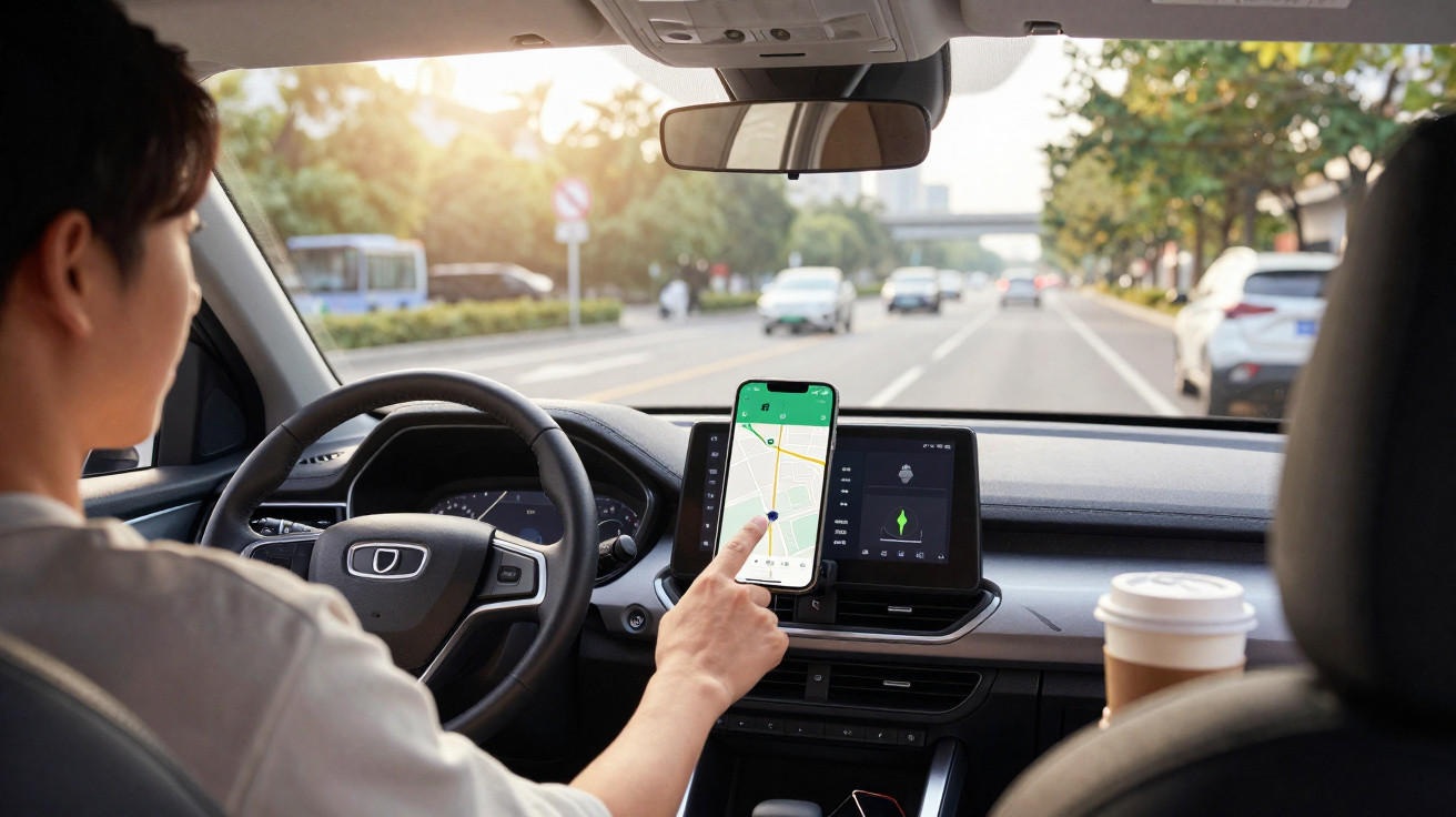 Personne conduisant une voiture, utilisant une application GPS sur un smartphone fixé au tableau de bord.