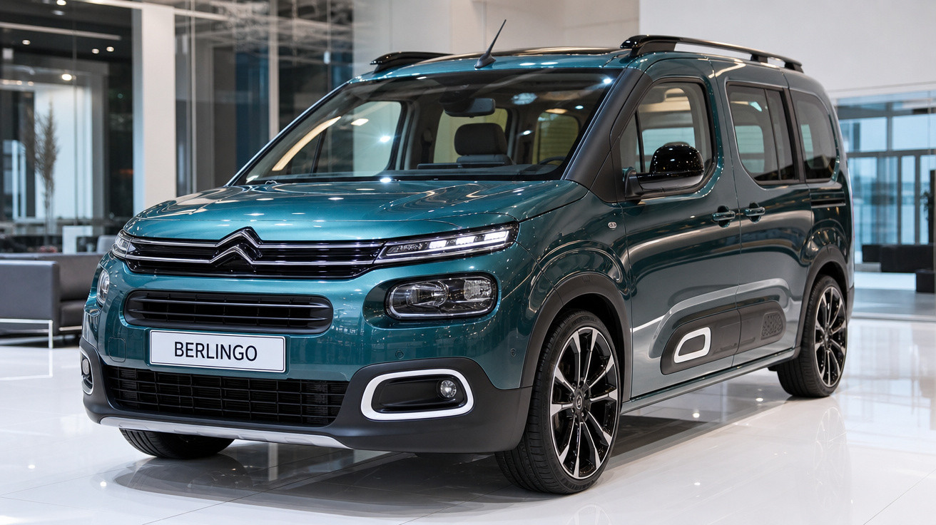 Citroën Berlingo bleu métallique exposée en intérieur sur sol blanc brillant.