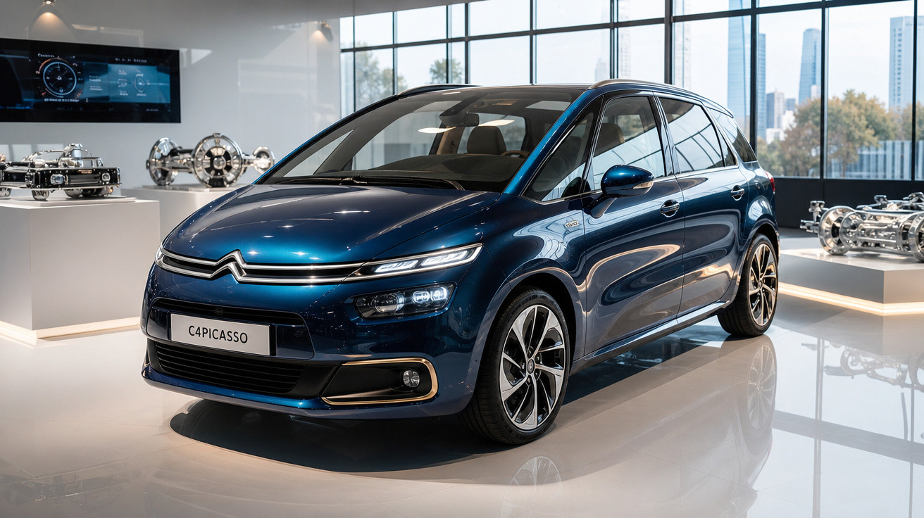 Citroën C4 Picasso bleue exposée dans un showroom lumineux avec moteur et ville en arrière-plan.