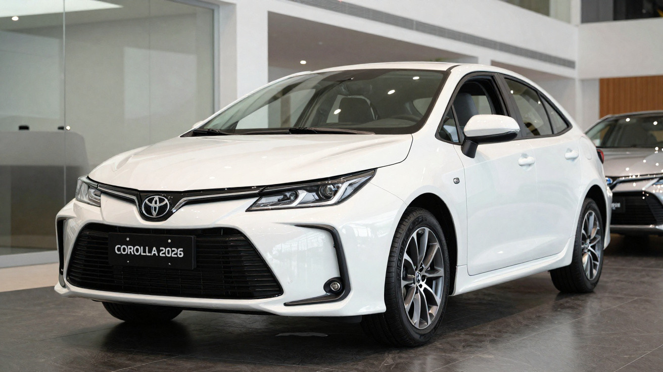 Toyota Corolla 2026 blanche exposée en intérieur, vue avant droite avec plaque d’immatriculation visible.