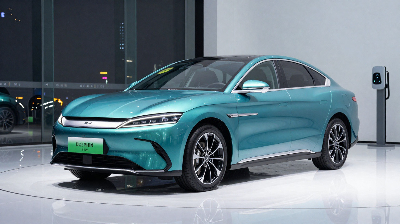 Voiture électrique berline verte Dolphin exposée dans un showroom avec borne de recharge en arrière-plan.