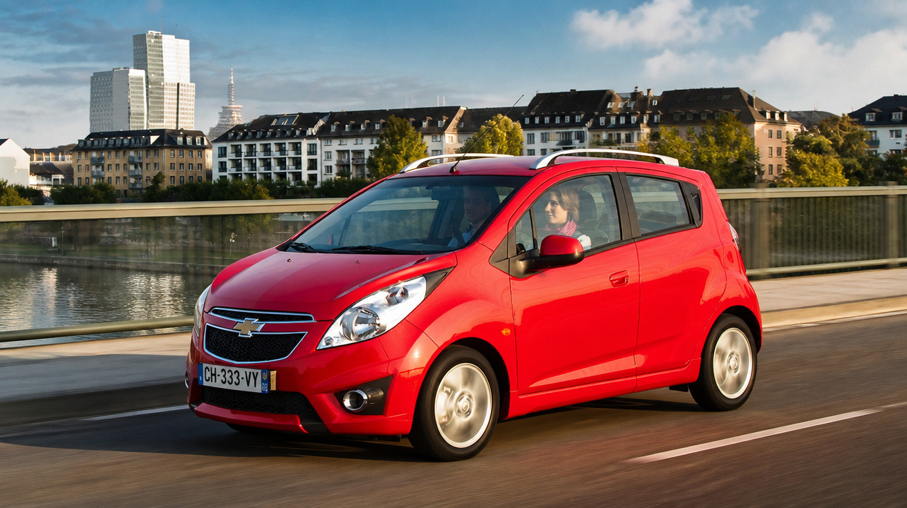 Petite voiture rouge Chevrolet circulant sur un pont en milieu urbain avec des bâtiments en arrière-plan.