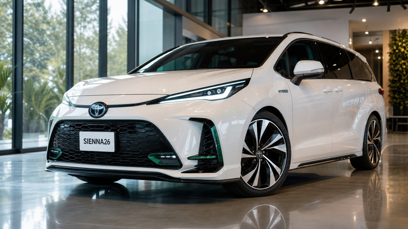 Monospace Toyota Sienna hybride blanche dans un showroom moderne avec sol brillant.