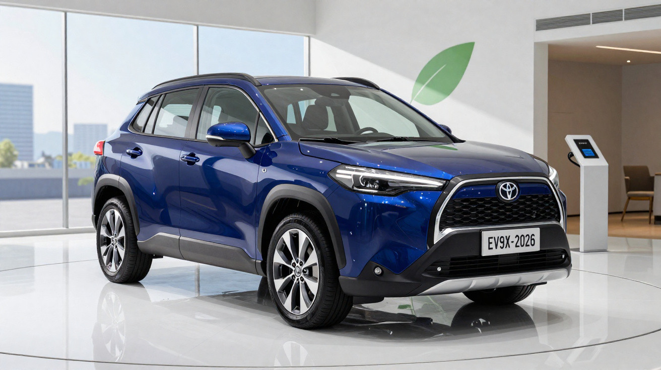 SUV Toyota Yaris Cross bleu exposé en intérieur avec logo écologique sur fond blanc.