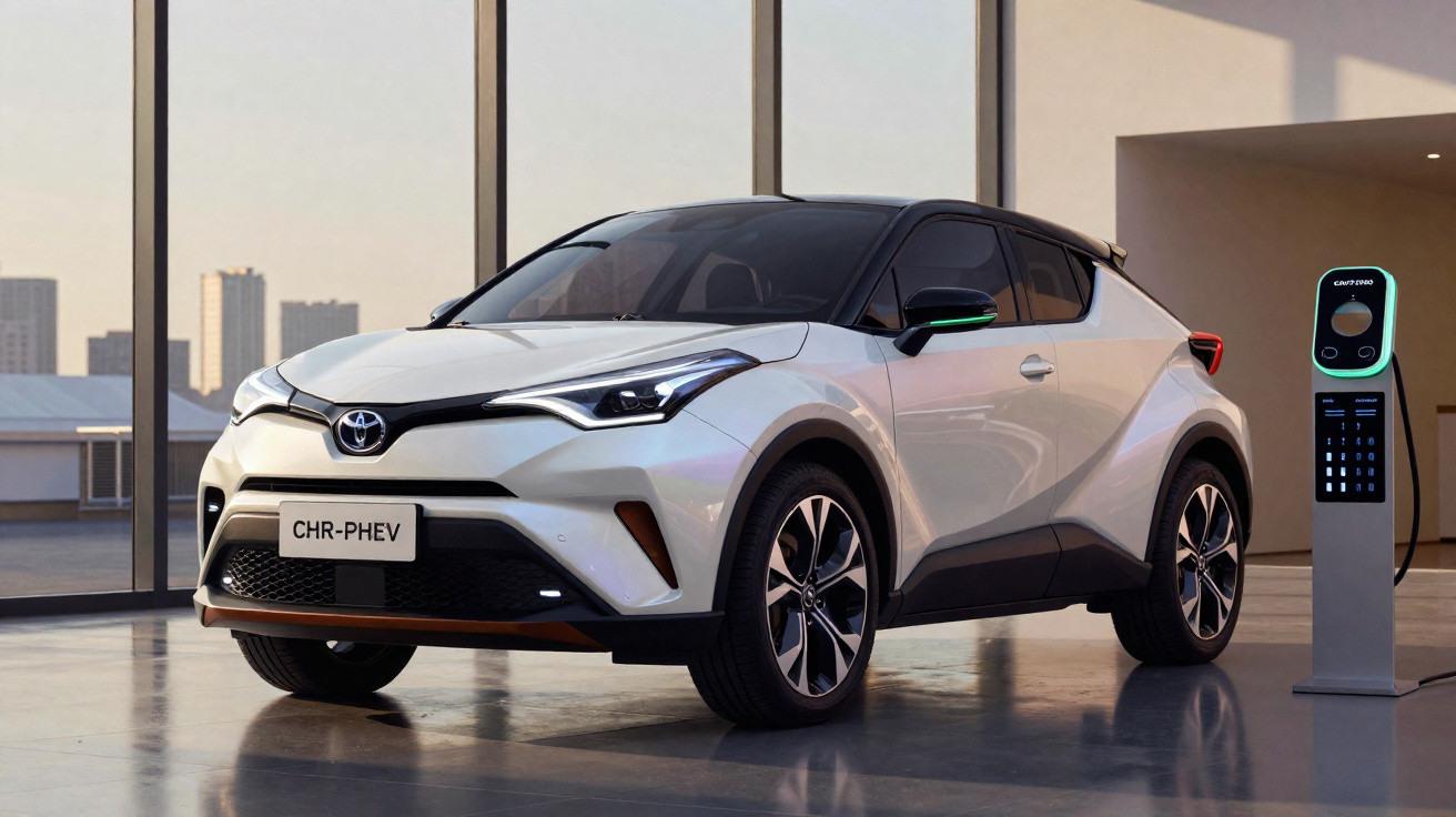Voiture hybride rechargeable Toyota CHR-PHEV blanche garée près d'une borne de recharge dans un intérieur moderne.