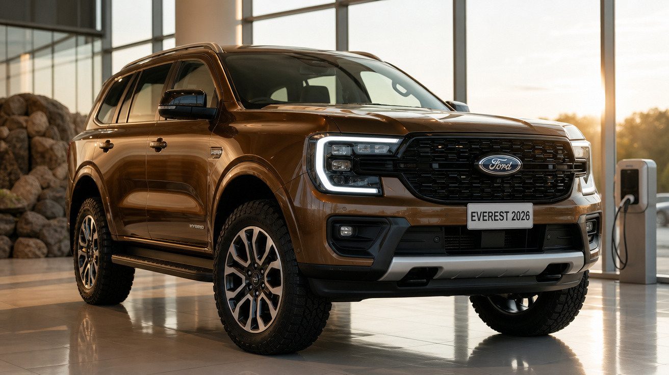 SUV Ford Everest 2026 marron stationné en intérieur avec lumière naturelle au coucher du soleil.
