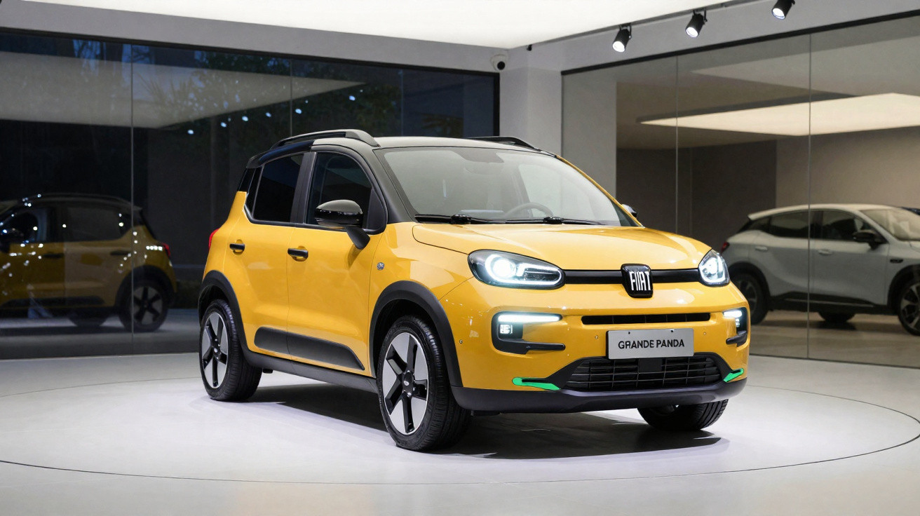 Voiture compacte jaune Fiat Grande Panda exposée dans un showroom moderne avec éclairage dirigé.