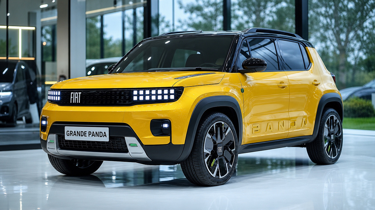 Voiture électrique Fiat Grande Panda jaune exposée en showroom moderne avec éclairage naturel et sol brillant.