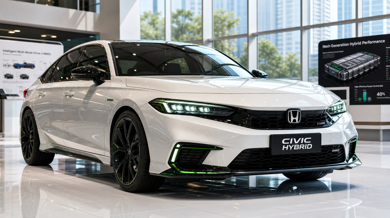 Voiture Honda Civic Hybrid blanche exposée en intérieur avec éclairage LED et jantes noires.