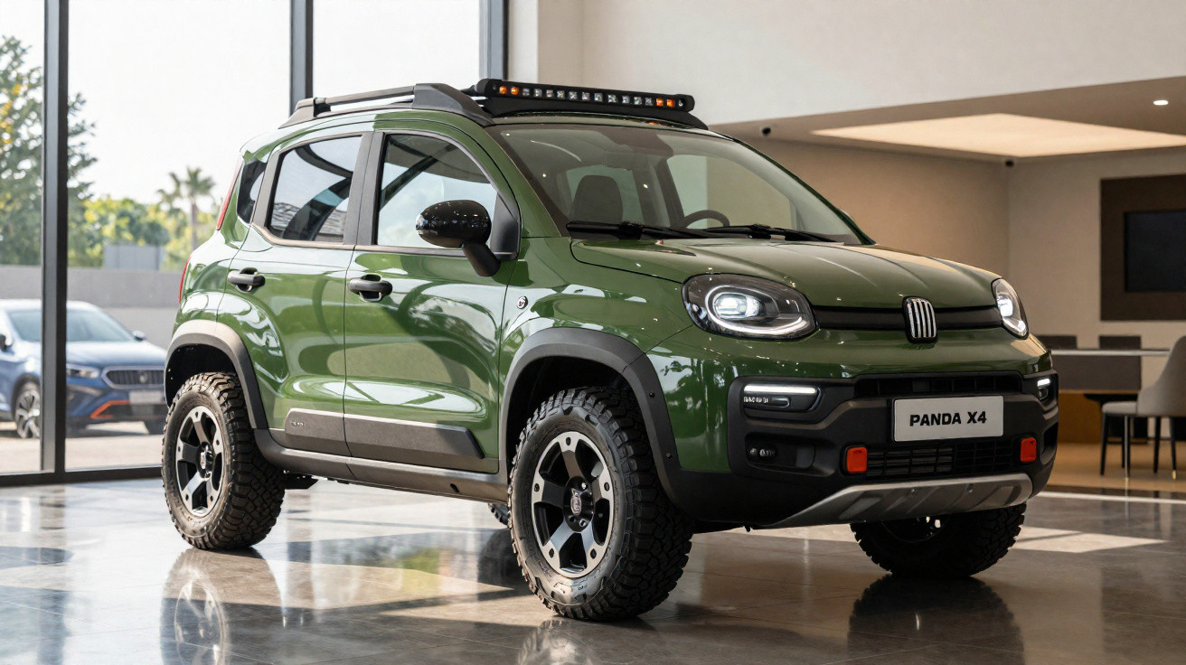 Voiture tout-terrain verte Fiat Panda X4 exposée en intérieur avec pneus renforcés et barre LED sur le toit.