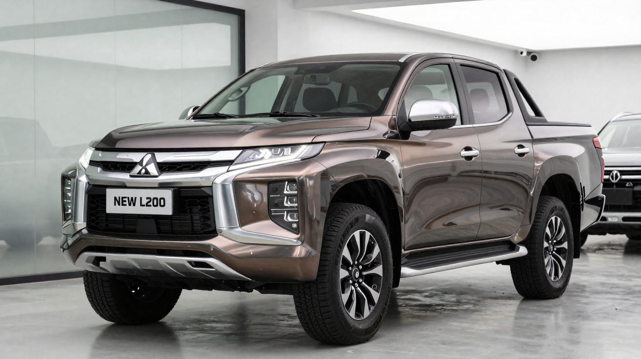 Pick-up Mitsubishi New L200 marron métallisé garé dans un showroom moderne.