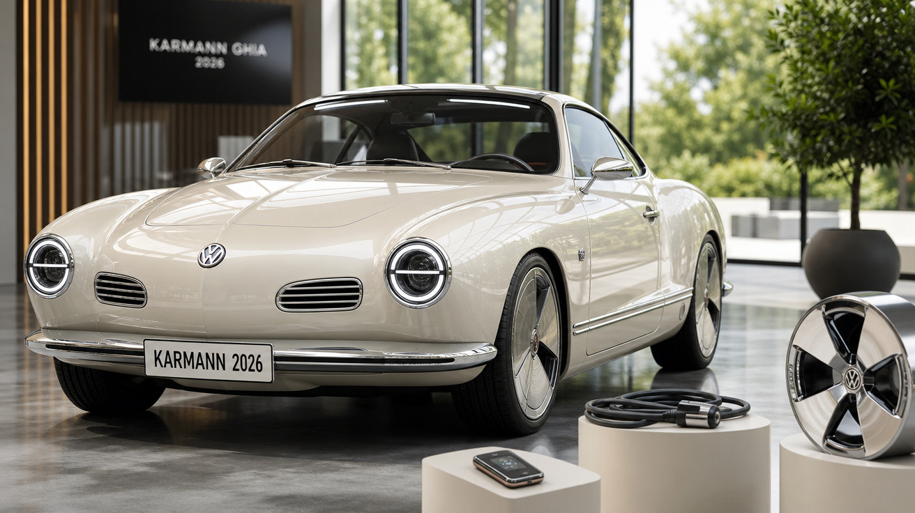 Voiture électrique Karmann Ghia 2026 blanche exposée en intérieur avec détail de roues et chargeur.