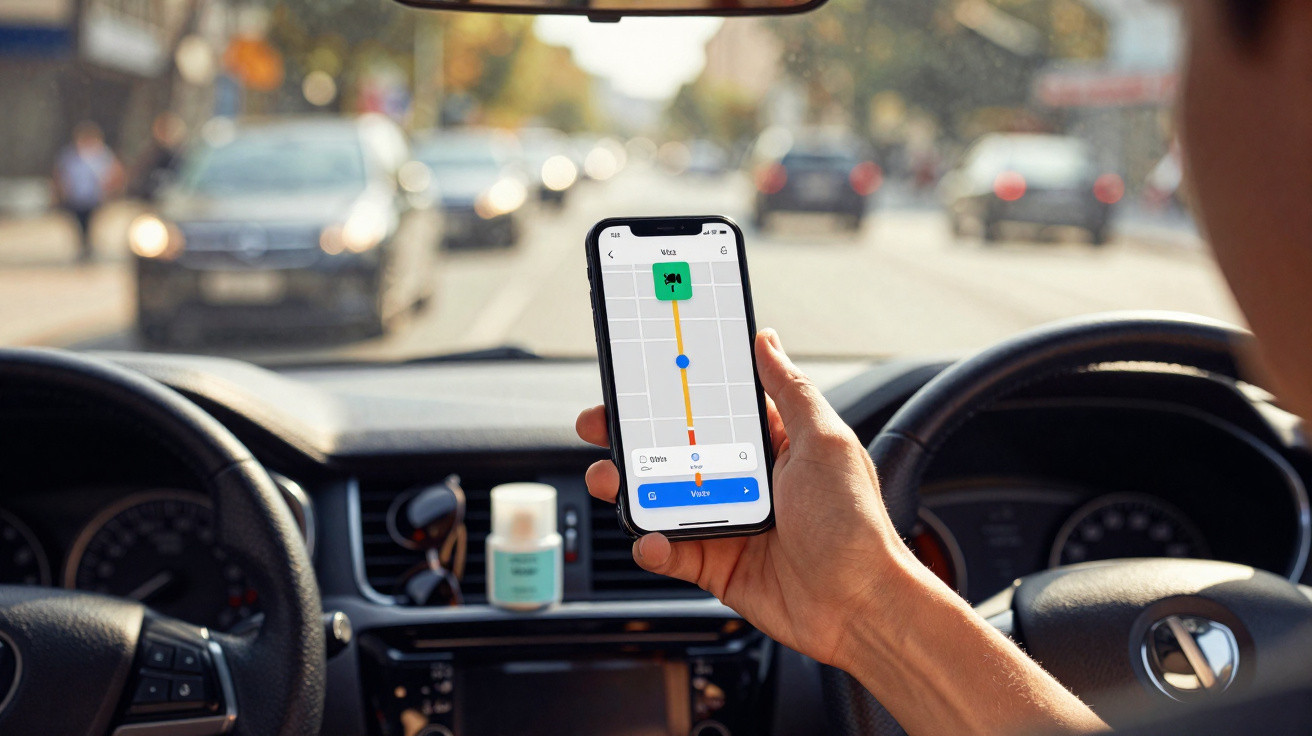 Main tenant un smartphone avec une application de navigation ouverte, vue depuis l'intérieur d'une voiture en circulation.