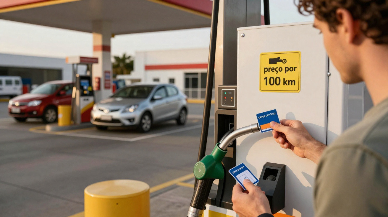 Homme tenant une carte pour payer à une pompe à essence dans une station-service avec voitures en arrière-plan.