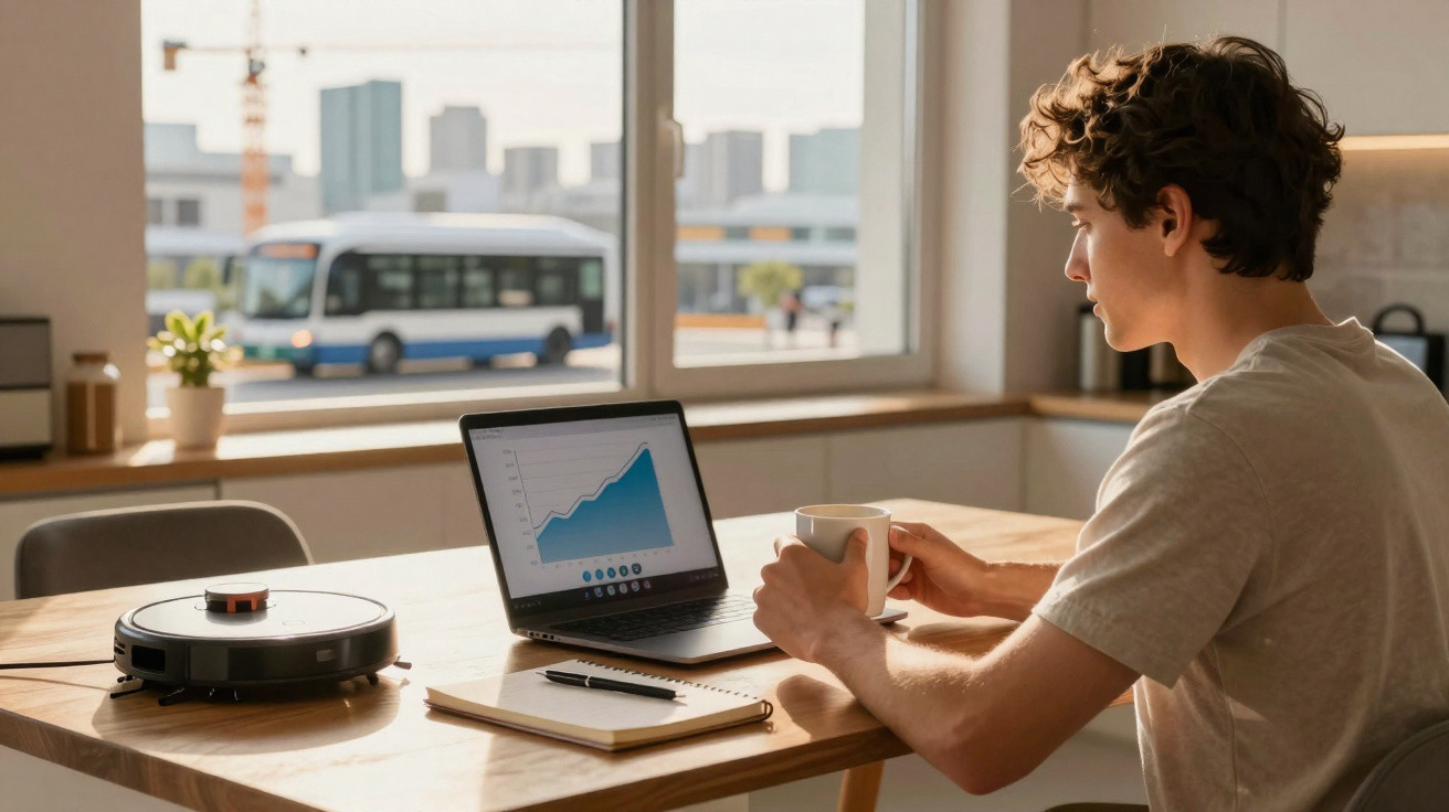 Jeune homme travaillant sur un ordinateur portable avec un graphique de croissance, tenant une tasse dans une cuisine lumineu