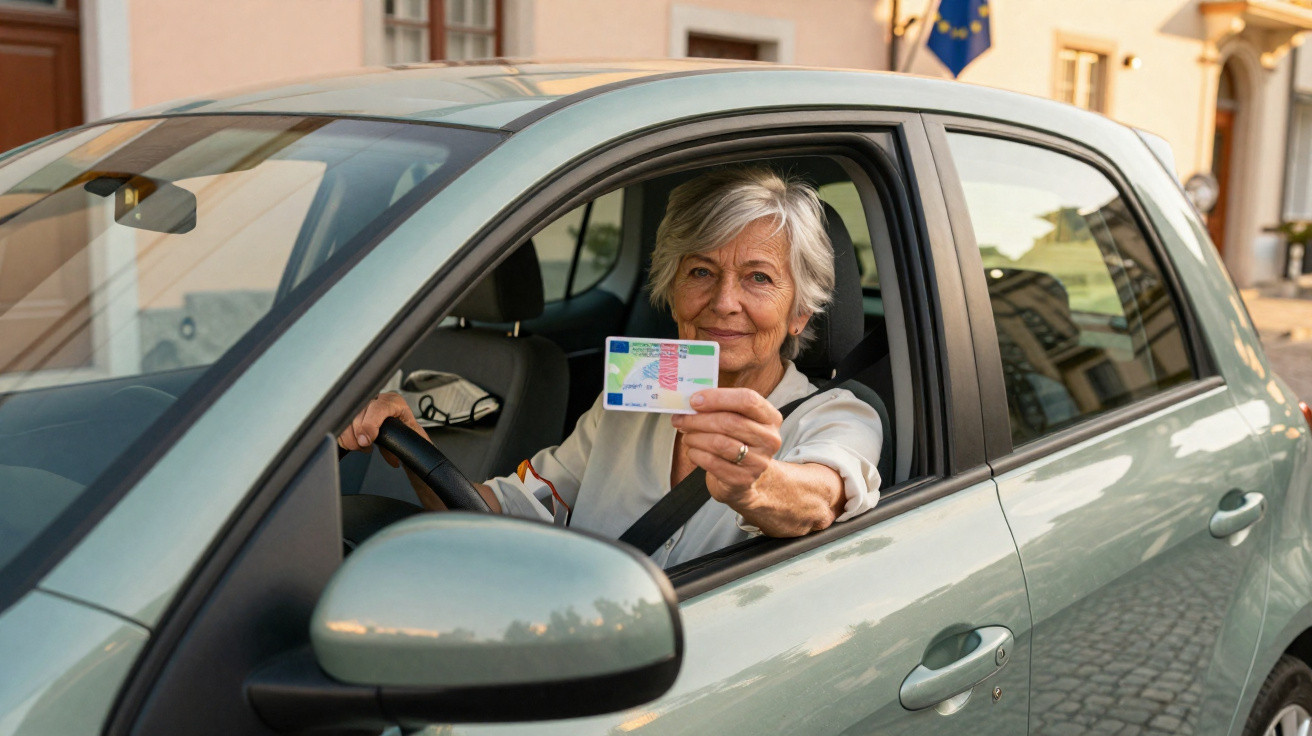 Femme âgée dans une voiture montrant un permis de conduire à la fenêtre ouverte.