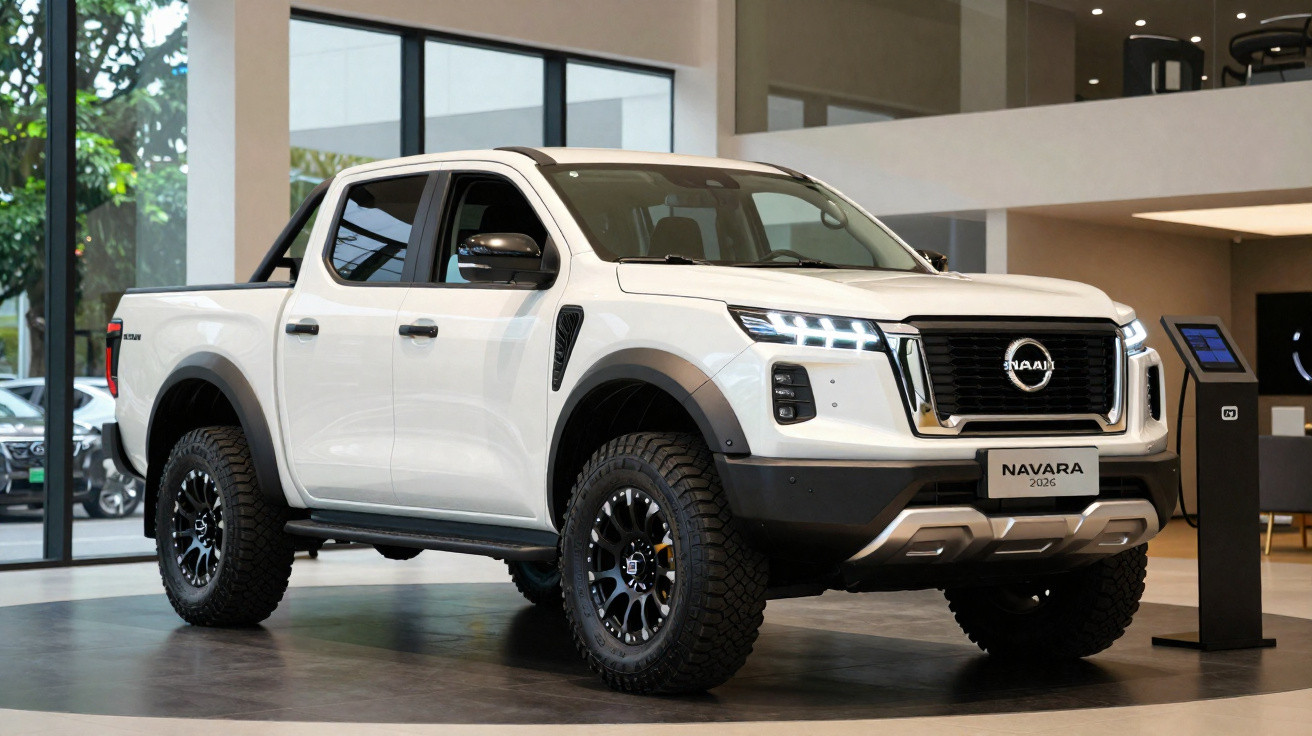 Pick-up blanc Nissan Navara 2023 exposé dans un showroom moderne avec éclairage intérieur.