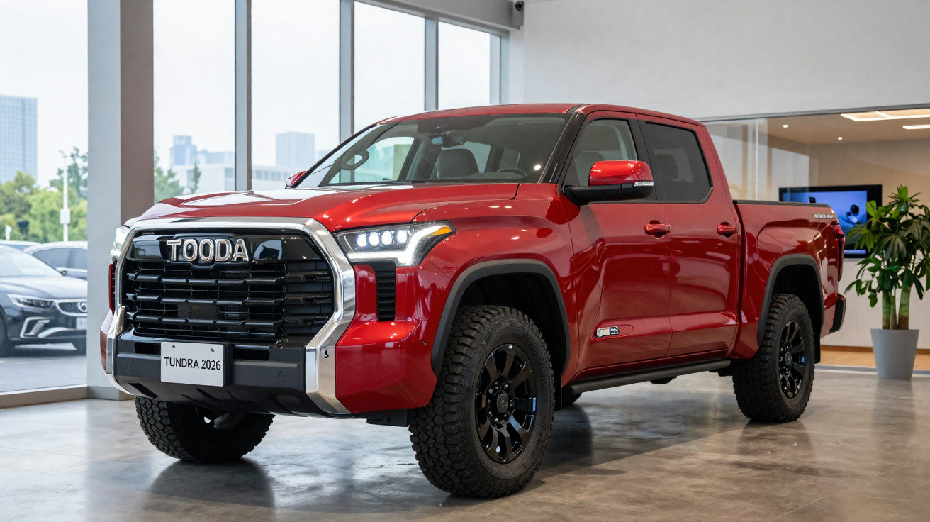 Pick-up rouge modèle 2026 exposé en intérieur avec grande calandre noire et jantes noires robustes.