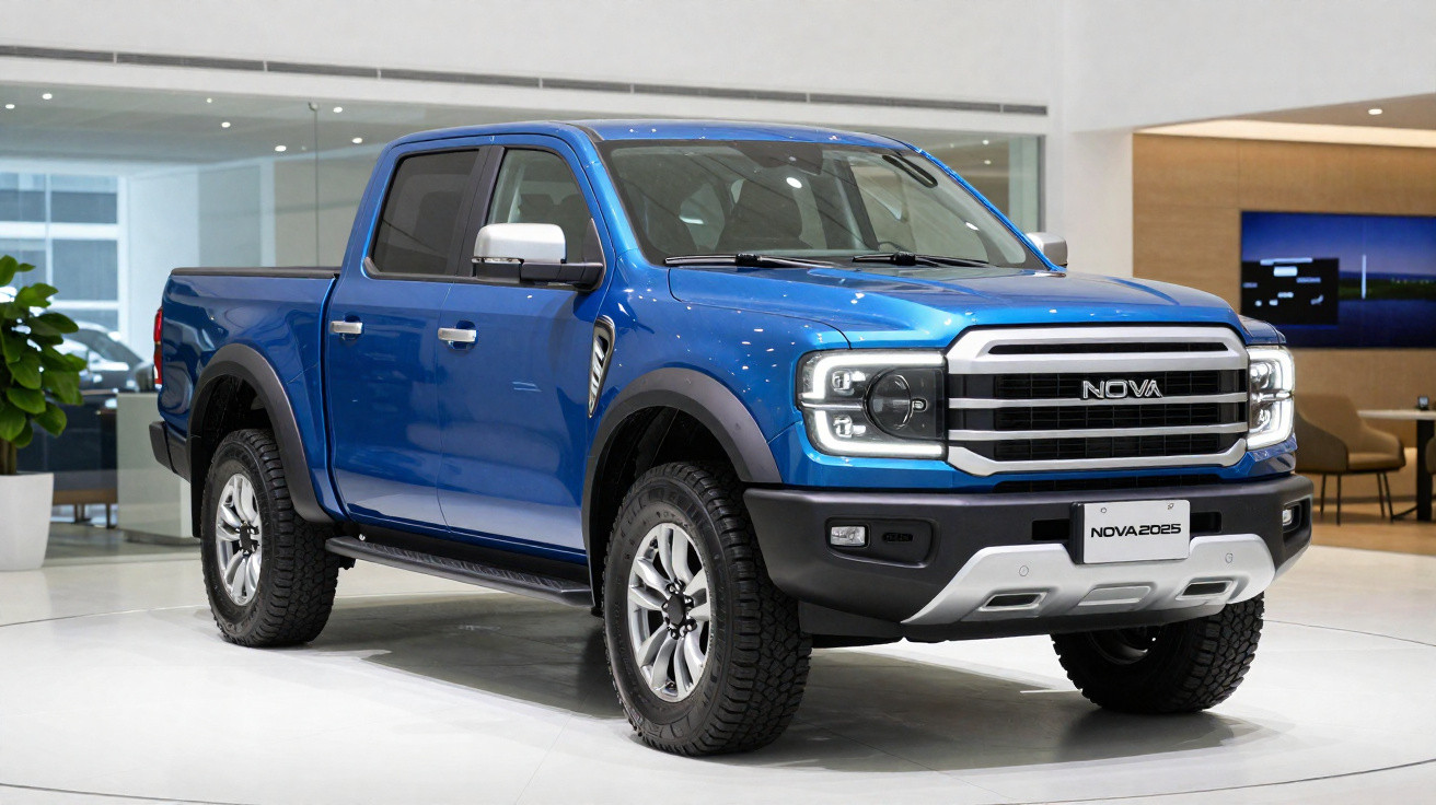 Pick-up bleu métallisé neuf exposé en intérieur avec double cabine et grosses roues tout-terrain.