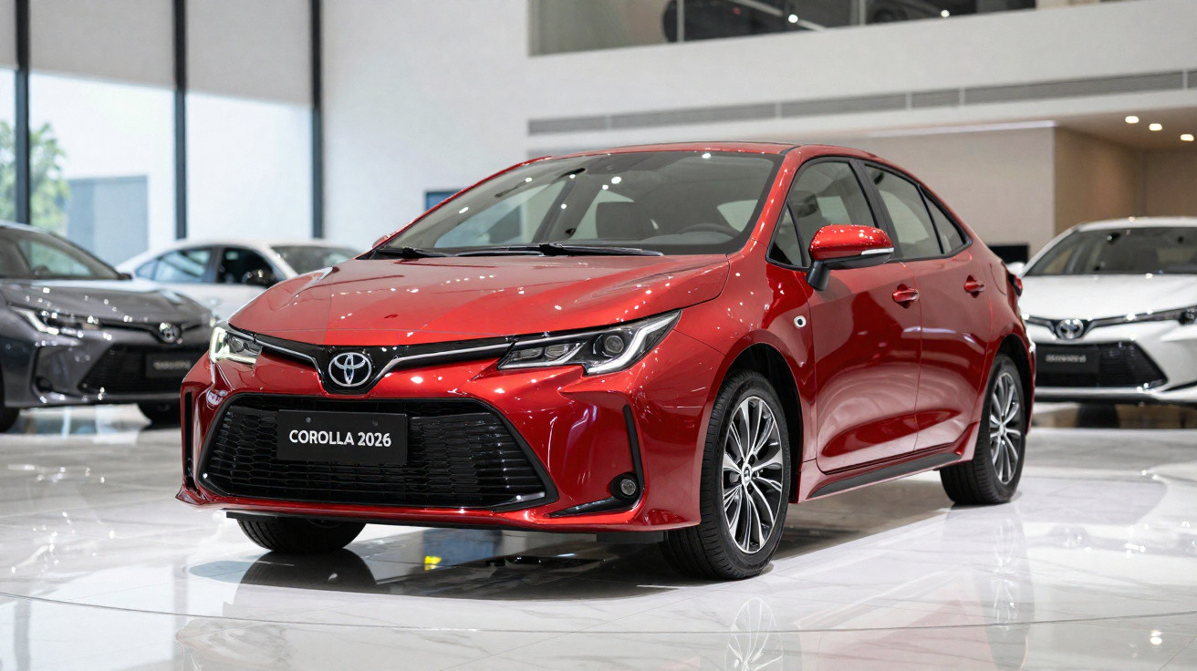 Voiture Toyota Corolla 2026 rouge exposée dans un showroom moderne aux sols blancs brillants.