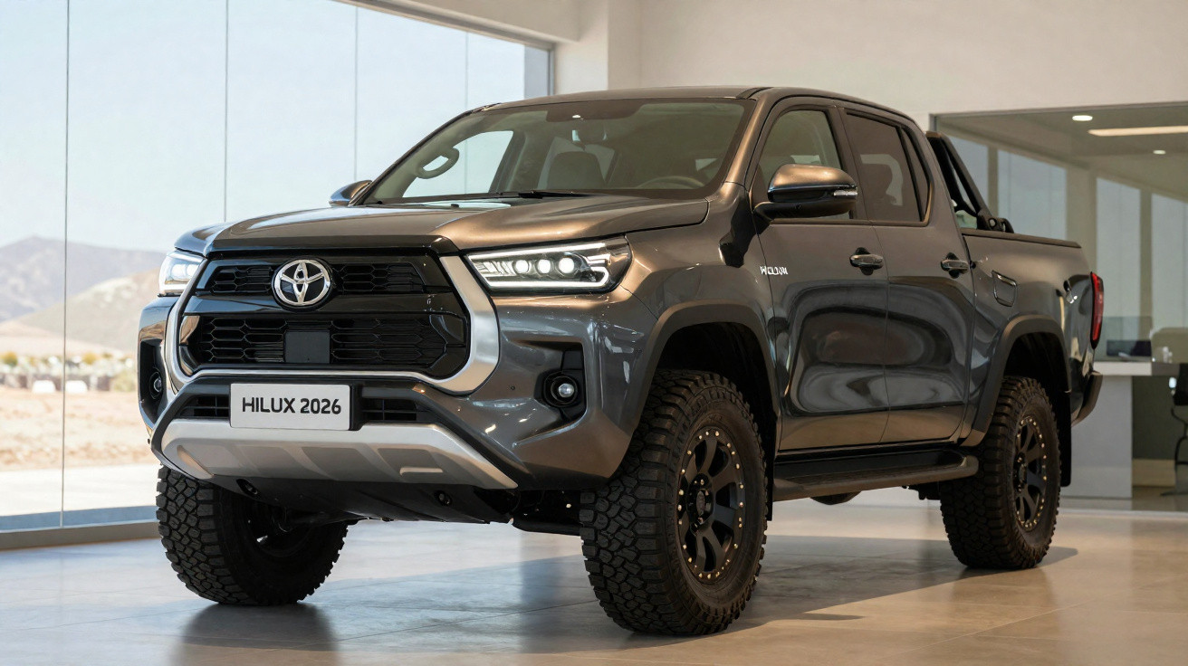Pick-up Toyota Hilux 2026 gris en showroom avec grandes fenêtres et sol en béton.
