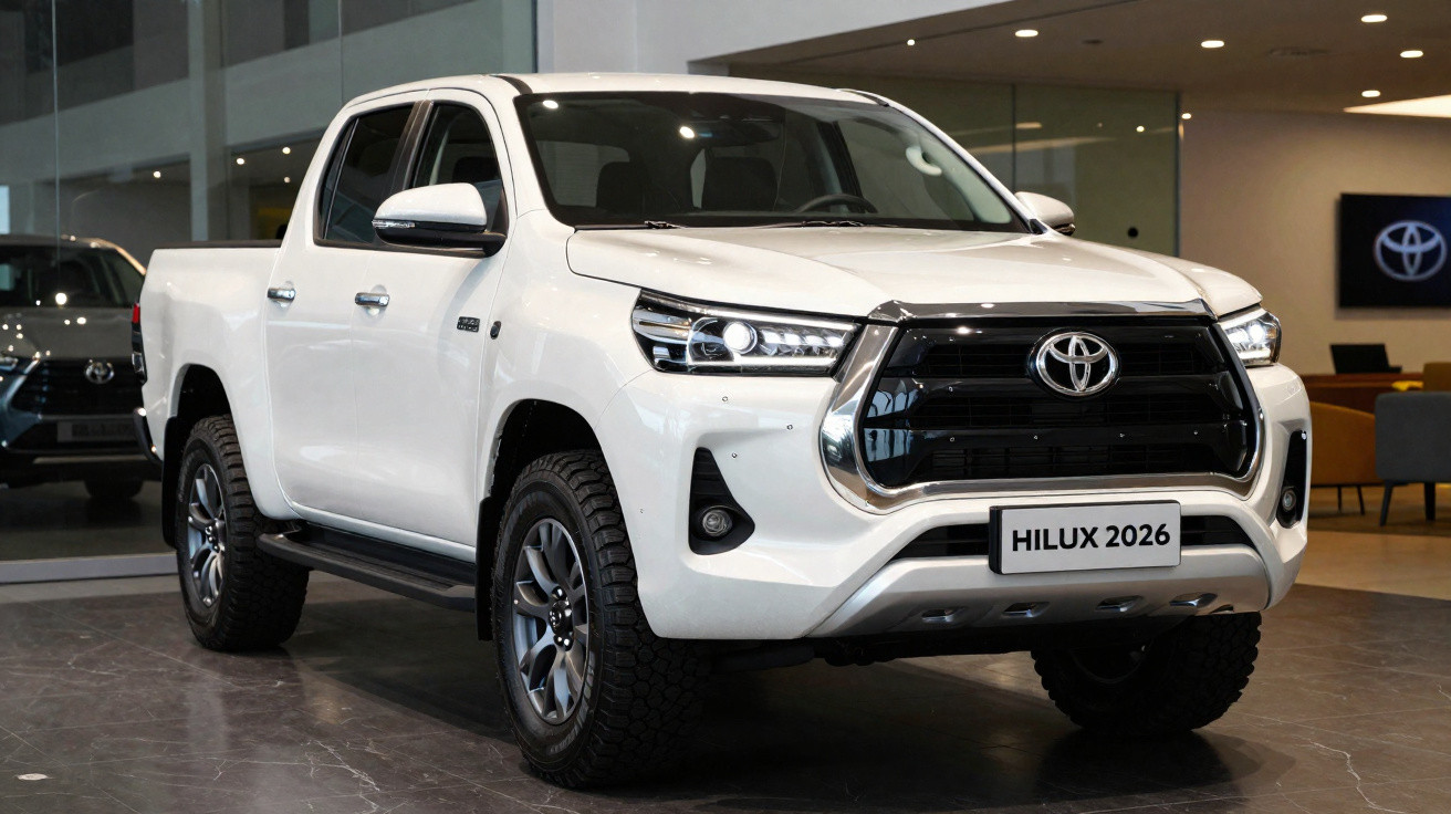 Pick-up Toyota Hilux blanc 2026 exposé en intérieur avec jantes alliage et phares LED allumés.