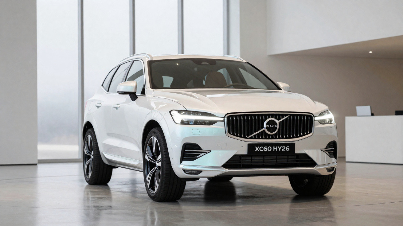 SUV Volvo XC60 blanc exposé dans un showroom moderne avec un éclairage naturel.