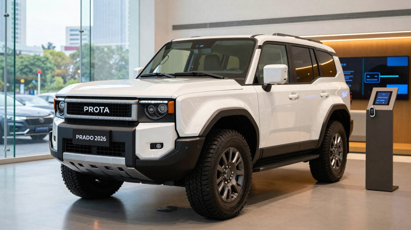 SUV blanc Prota Prado 2026 exposé dans un showroom moderne avec grandes fenêtres vitrées.