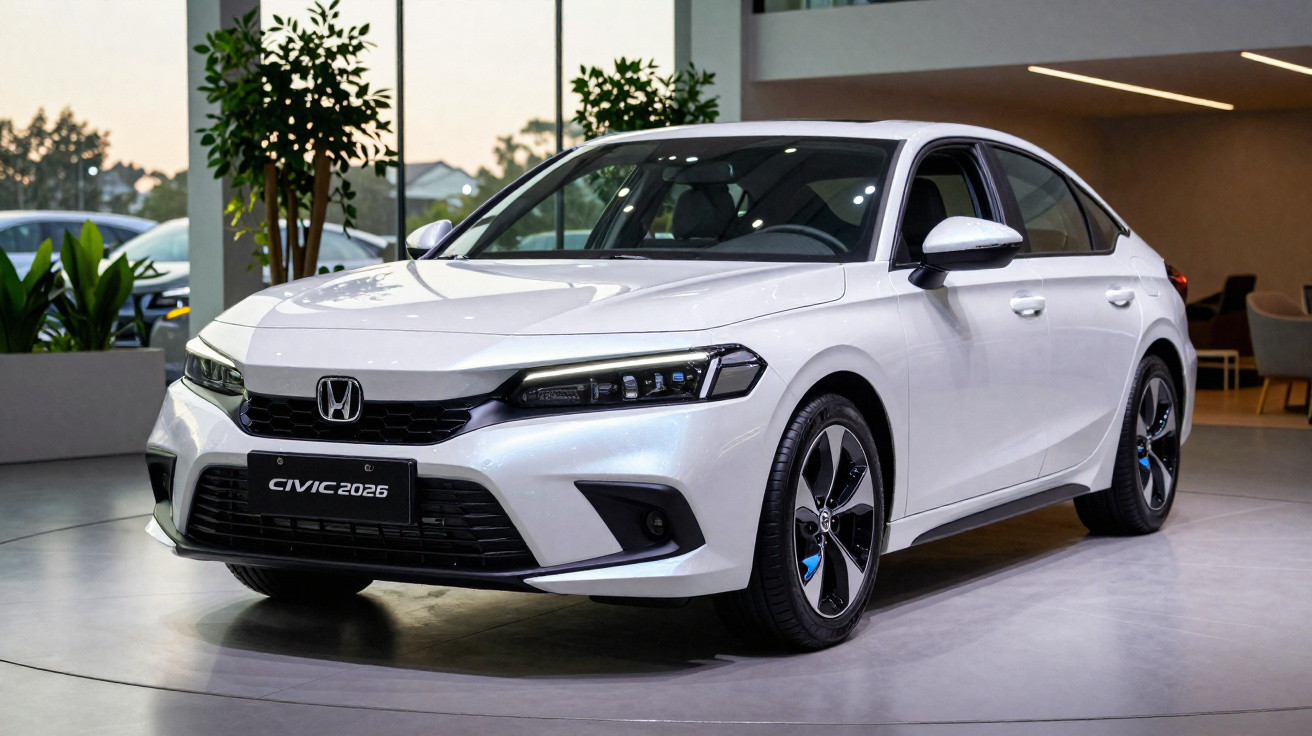 Voiture blanche Honda Civic 2026 exposée dans un showroom moderne avec grandes fenêtres et plantes.