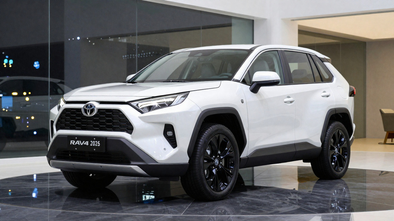 Toyota RAV4 2025 blanc exposé en intérieur sur un sol brillant avec détails noirs et lignes modernes.