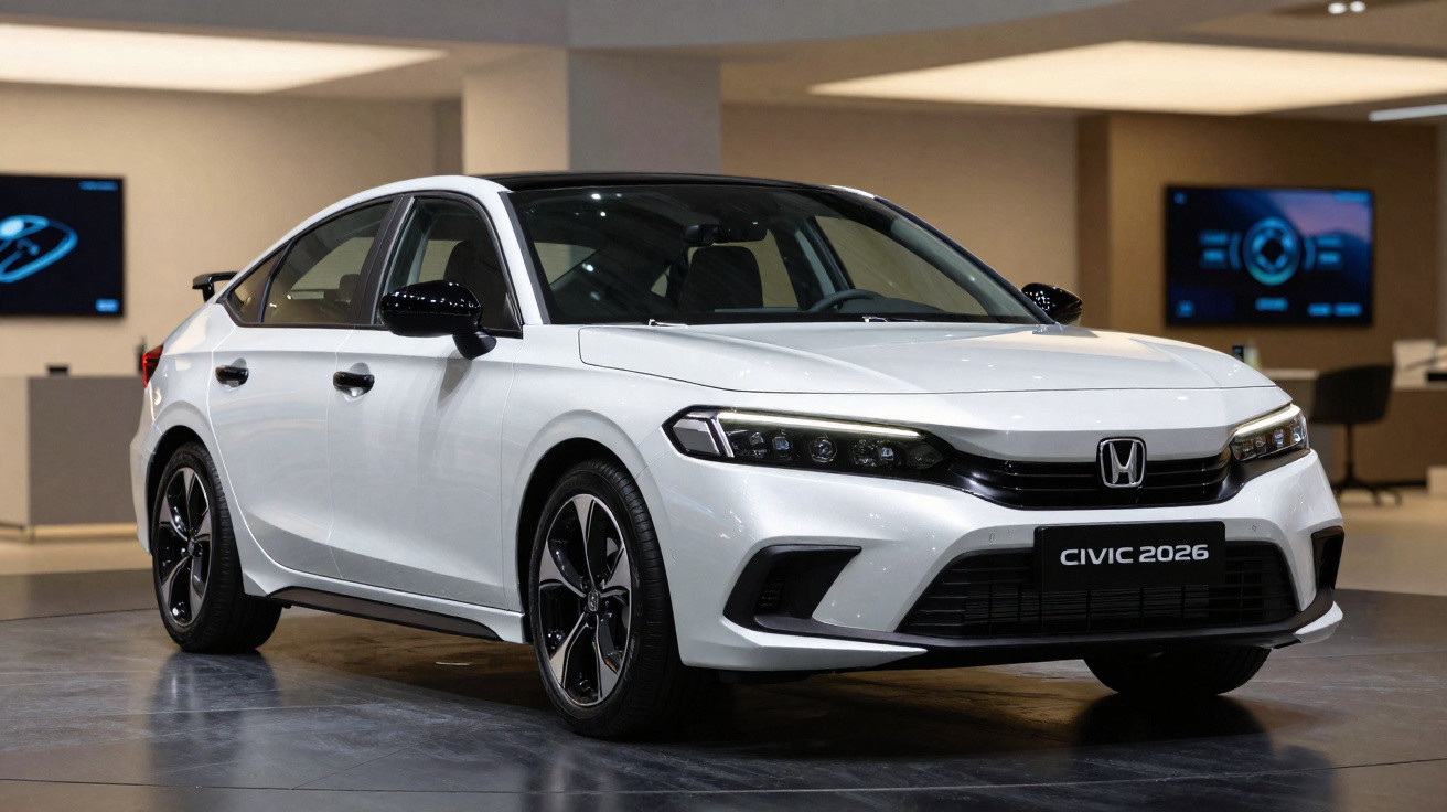 Voiture blanche Honda Civic 2026 exposée en intérieur, vue avant trois quarts droite.