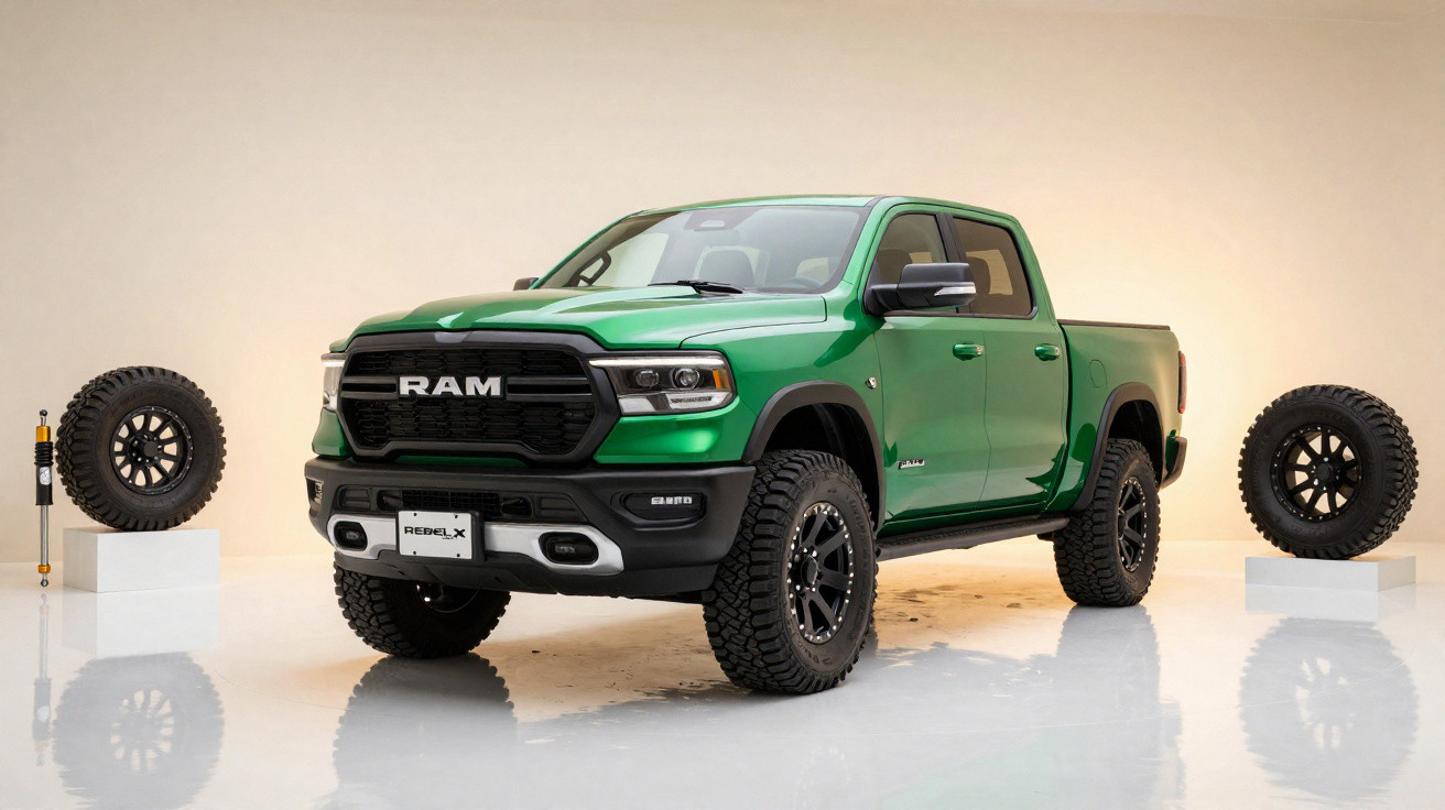 Pick-up RAM vert avec pneus tout-terrain et deux roues de rechange sur socles blancs dans un studio.