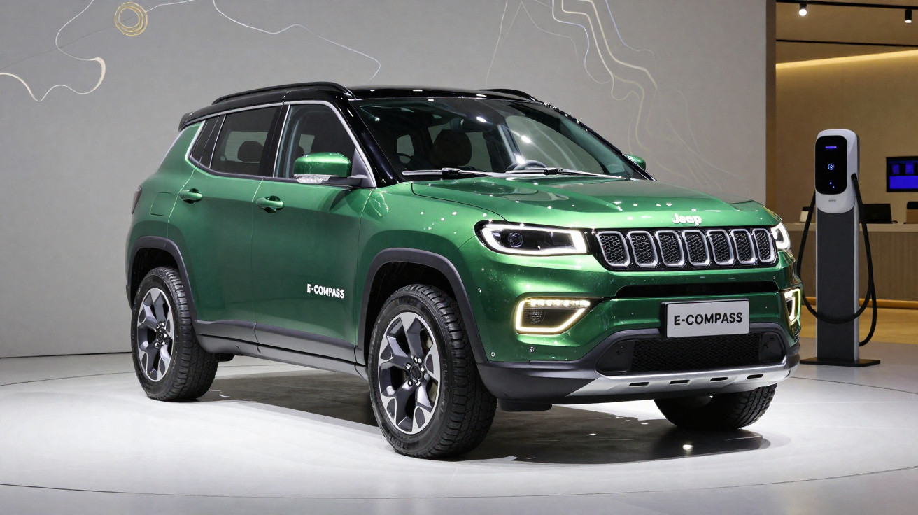 SUV Jeep E-Compass vert métallisé en recharge sur borne électrique dans un salon auto moderne.