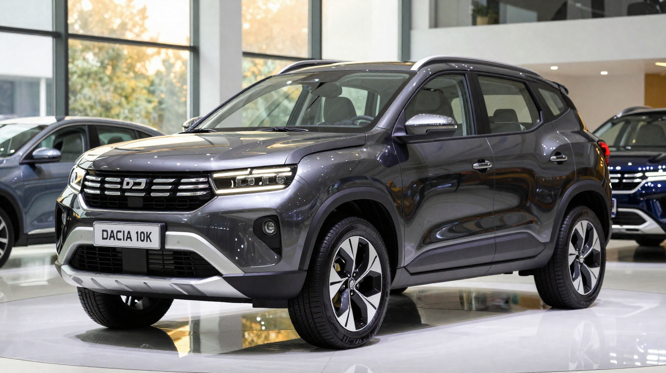 Voiture gris métallisé Dacia 10K exposée en intérieur avec vitrages et autres véhicules en arrière-plan.