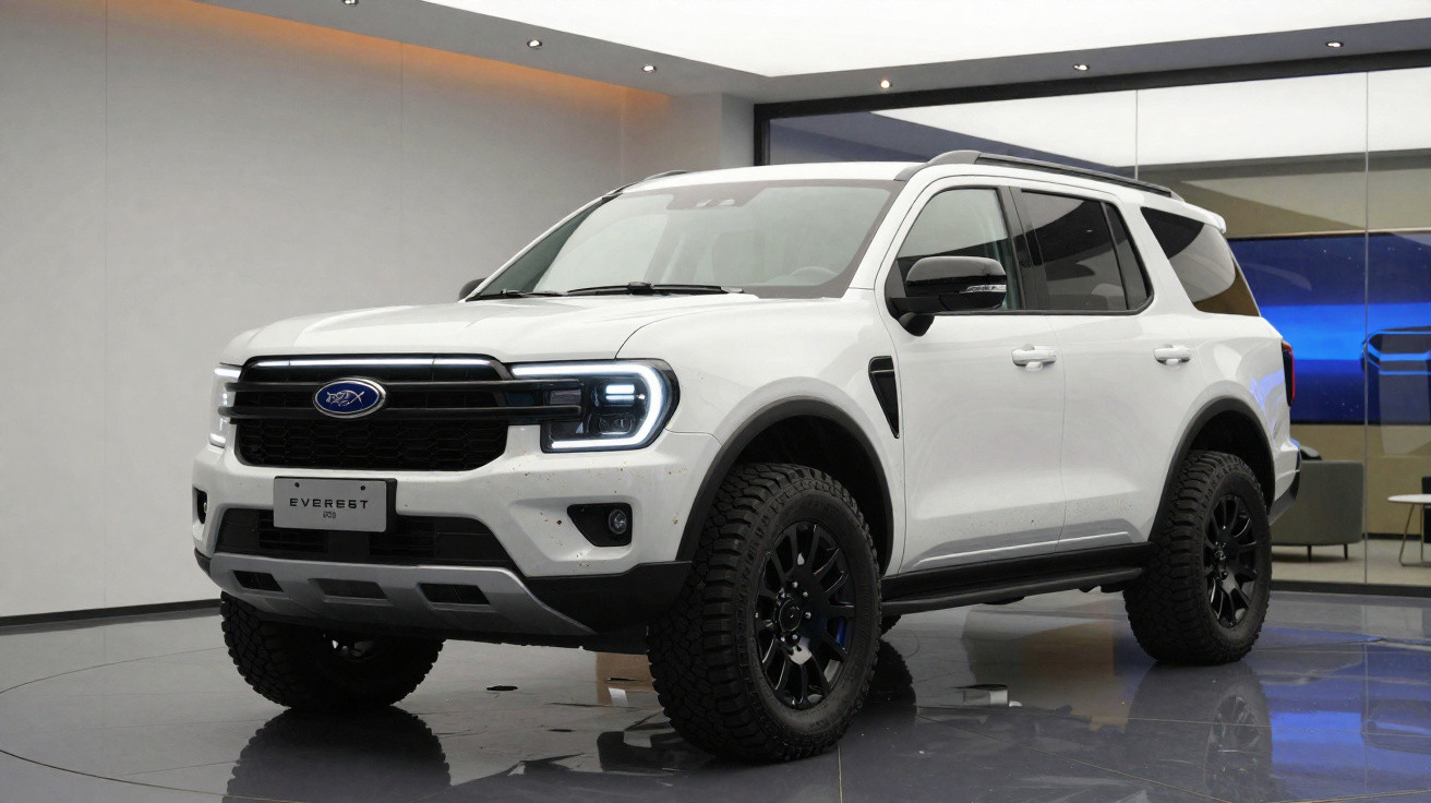 SUV blanc Ford Everest 2023 exposé en intérieur, pneus tout-terrain et éclairage LED allumé.